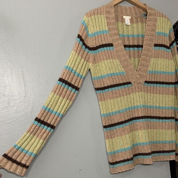 Striped Ribbed V-neck Sweater Size XL Gilmore Girls Y2K 90s Academia Preppy - Picture 2 of 6